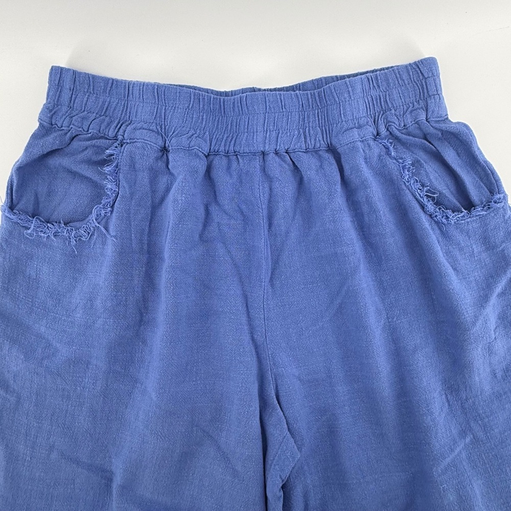 Umgee Linen Cotton‎ Wide Leg Frayed Hem Pants Blue Elastic Waist S NWT Coastal